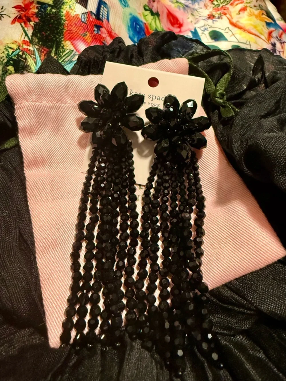 kate spade Black Crystal Floral Flourish Tassel statement Earrings 4”